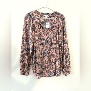 NWT J. Jill Long Sleeve V-neck Blouse Floral Paisley Pink Blue Boho Size M